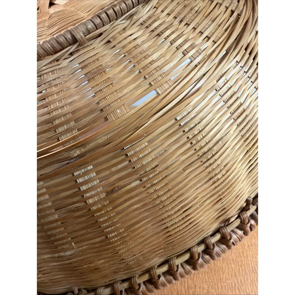 Vintage Round Natural Brown Wood Woven Wicker 2 Handles Basket 12